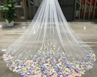 Fairy Purple Colorful Lace Bridal Veil, Colorful Pretty Sun Flower Bridal Veil 1 Tier 137" Ivory White Tulle Veil Cathedral Royal with Comb