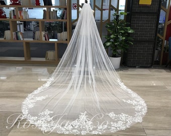 Wedding Veil Gold Thread Embroidery Peony Floral, Elegant Lace Flower Bridal Veil 1 Tier 137" Ivory Veil Cathedral Royal Veil with Comb