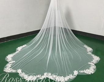 Irregular Petal-Shaped Bridal Veil Cathedral, Lace Flower Trim 1 Tier Long Veil Ivory, Soft Tulle Wedding Veil Royal, Custom Bridal Veil