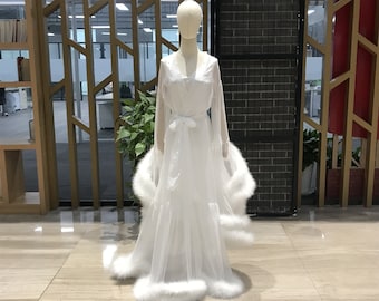 Bata de novia de plumas, bata de novia, bata larga de novia, bata de boda transparente, batas para la fiesta nupcial, bata de boudoir, atuendo para sesión de fotos nupcial