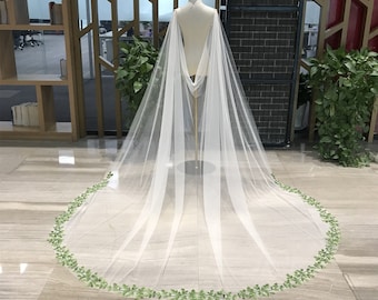 Leaves Lace Flowy Bridal Cape, Green Leaves Lace Flower Cape, Fairy Tulle Custom Veil Cape, Chapel/Cathedral Bridal Wedding Veil Cape