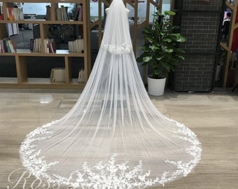 Elegant Embroidered Peony Flower Wedding Veil, Bridal Veil Lace Floral, 2 Tier 137" Ivory Long Veil With Blusher, Veil Cathedral With Comb
