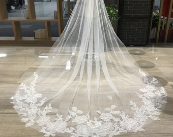 Elegant Large Flower Veil, 1 Tier Long Veil, Bridal Organza Flower, Very Soft Tulle Wedding Veil, Veil Wedding Fingertip Cathedral