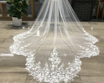 Irregular Mermaid Tail Bridal Veil Cathedral Pearl 3D Flower Trim Veil 1 Tier Ivory Soft Tulle Wedding Veil Royal Custom Bridal Veil