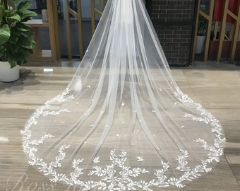 Veil  Wedding Plant Leaves Elegant Embroidered Leaves Bridal Veil Lace Floral 1 Tier Ivory Long Veil With Comb Veil Cathedral Fingertip