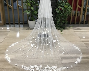 Veil Wedding 3D Butterfly 2 Tier Veil With Dreamy 3D Butterfly Custom Bridal Veil Butterfly Veil Wedding Chapel Cathedral Ivory Long Veil