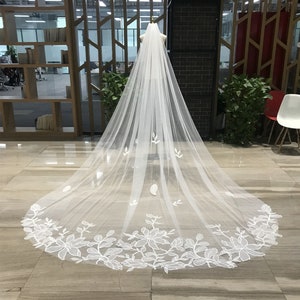 Elegante große Organza Blume Schleier, 1 Tier langer Schleier, Braut Organza Blume, sehr weicher Tüll Hochzeit Schleier, benutzerdefinierte Schleier Hochzeit Kathedrale