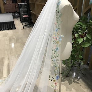 Colorful Wild Flower Wedding Veil, Super Fairy Colorful Lace Bridal Veil, Blue Pink Flower Veil, Custom Hand Made Veil