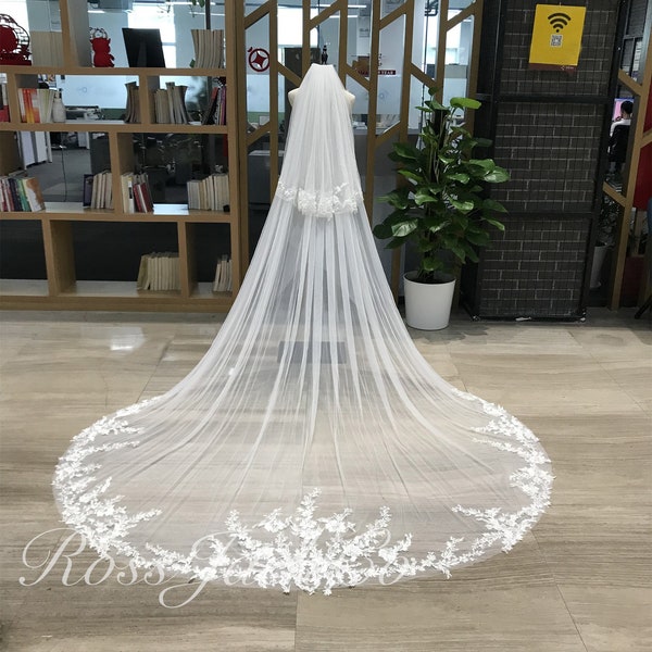 Elegant Embroidered Peony Flower Wedding Veil, Bridal Veil Lace Floral, 2 Tier 137" Ivory Long Veil With Blusher, Veil Cathedral With Comb