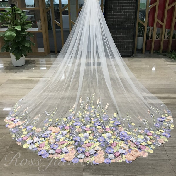 Fairy Purple Colorful Lace Bridal Veil, Colorful Pretty Sun Flower Bridal Veil 1 Tier 137" Ivory White Tulle Veil Cathedral Royal with Comb