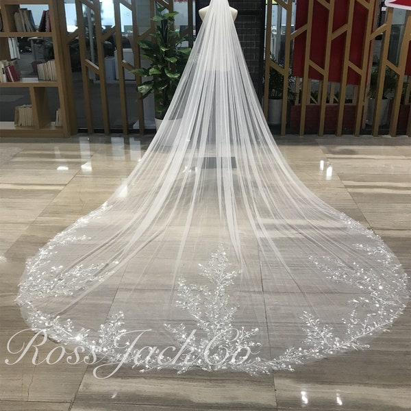 Bridal Veil 3D Beads Plants Flowers, Soft Tulle Ivory Bridal Veil 1 Tier Royal 137" Luxury Sequins Plant Bridal Veil Wedding Veil Fingertip