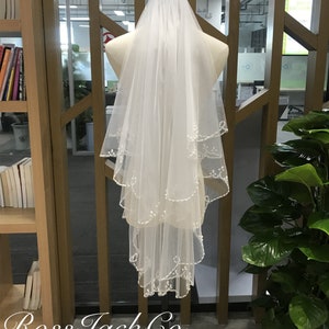 Wedding Veil Beading , Two-Tier Short Beads Edging Veil, Custom Wedding Veil For Bridal, Hand Made Veil Wedding Fingertip Shoulder Elbow