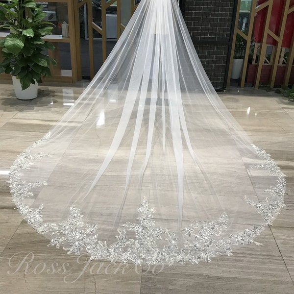 Luxury Beading Sequins Floral Veil Beautiful Shinning Bridal Veil Flower Bridal Veil 1 Tier 137" Long Veil Cathedral Royal Veil with Comb