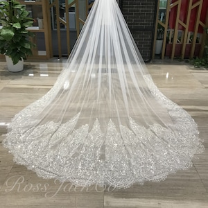 Bridal Veil 3D Beaded Baroque Lace, Soft Tulle Ivory Bridal Veil, 1 Tier Royal 137&quot; Luxury Sequins Bridal, Veil Wedding, Veil Fingertip