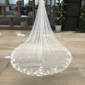 Elegant Embroidered Plants 3d Flower Wedding Veil, Bridal Veil Lace Floral, 1 Tier Ivory Long Veil With Blusher, Veil Cathedral With Comb
