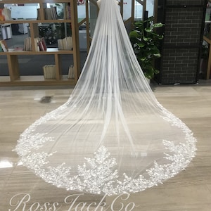3D Floral Wedding Veil, Beads and Sequin Flower Veil, One-Tier Beading Veil, Custom Ivory Wedding Veil For Bridal, Soft Tulle Veil Chadel
