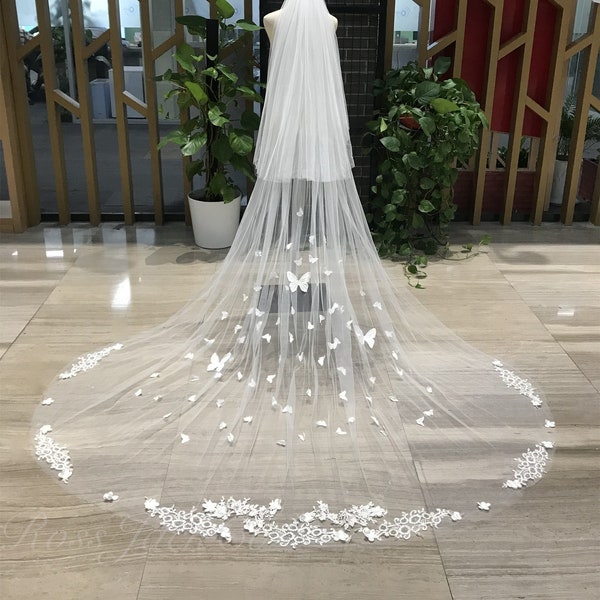 Veil Wedding 3D Butterfly 2 Tier Veil With Dreamy 3D Butterfly Custom Bridal Veil Butterfly Veil Wedding Chapel Cathedral Ivory Long Veil