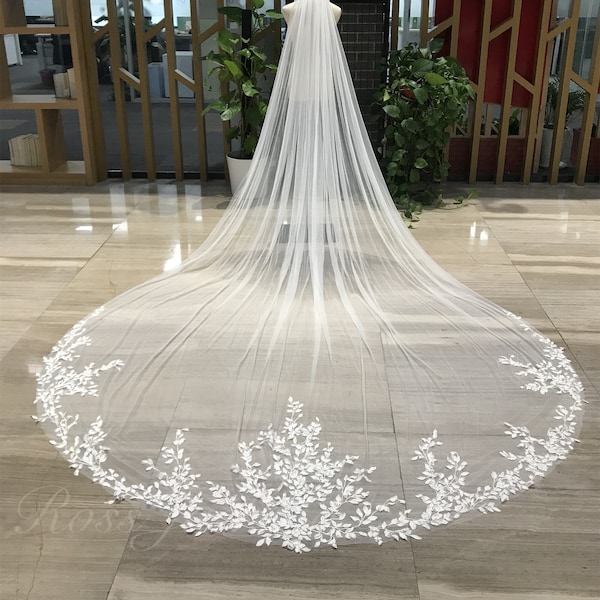 Veil  Wedding Plant Leaves Elegant Embroidered Plants Bridal Veil Lace Floral, 1 Tier Ivory Long Veil With Comb, Veil Cathedral With Comb