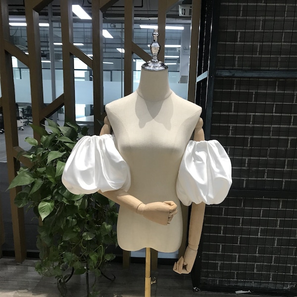 Off Shoulder Lantern Sleeves, Satin Short Puff Sleeves, Detachable Fake Sleeves, Detachable Sleeves, Removable White Dress Sleeves