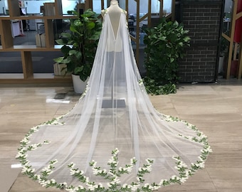Leaves Lace V Shape Bridal Cape, Green and White Lace Flower Cape, Fairy Tulle Custom Veil Cape, Chapel/Cathedral Bridal Wedding Veil Cape