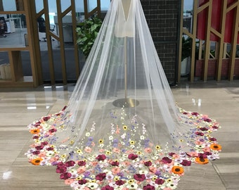 Colorful Flowers Bridal Cape, Fairy Lace Flower Wedding Cape, Soft Tulle Custom Veil Cape, Cathedral Bridal Veil Cape, Sunflower Cape