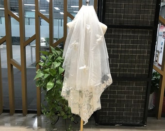 Embroidered flowers and birds Short Veil, Veil Wedding Elbow, Two Tier Veil With Blusher, Embroidery Ivory Veil With Comb, Bridal Veil