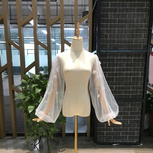 Puff Sleeves with 3D Flowers, Pure Soft Tulle Long Wedding Gown Sleeves, Wedding Accessory, Detachable Sleeves, Removable Dress Sleeves