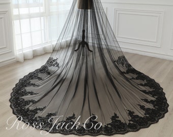 Velo de novia de encaje negro vintage, velo de novia con flores brillantes místicas, velo de novia de 1 nivel de 137", velo de novia estilo catedral real con peine, velo de novia gótico