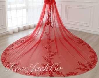 Red Bridal Veil Cathedral Length with Comb, Mystic Red Bridal Veil 1 Tier Red Veil Cathedral Royal Veil with Comb, Fingertip Bridal Veil