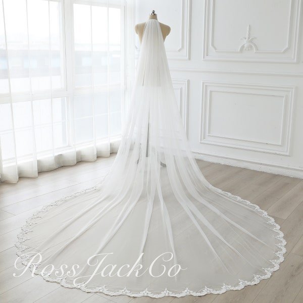 Boho Lace Trim Bridal Veil, White Lace Soft Tulle Ivory Bridal Wedding Veil Custom Wedding Veil With Comb Chapel Cathedral Long Veil