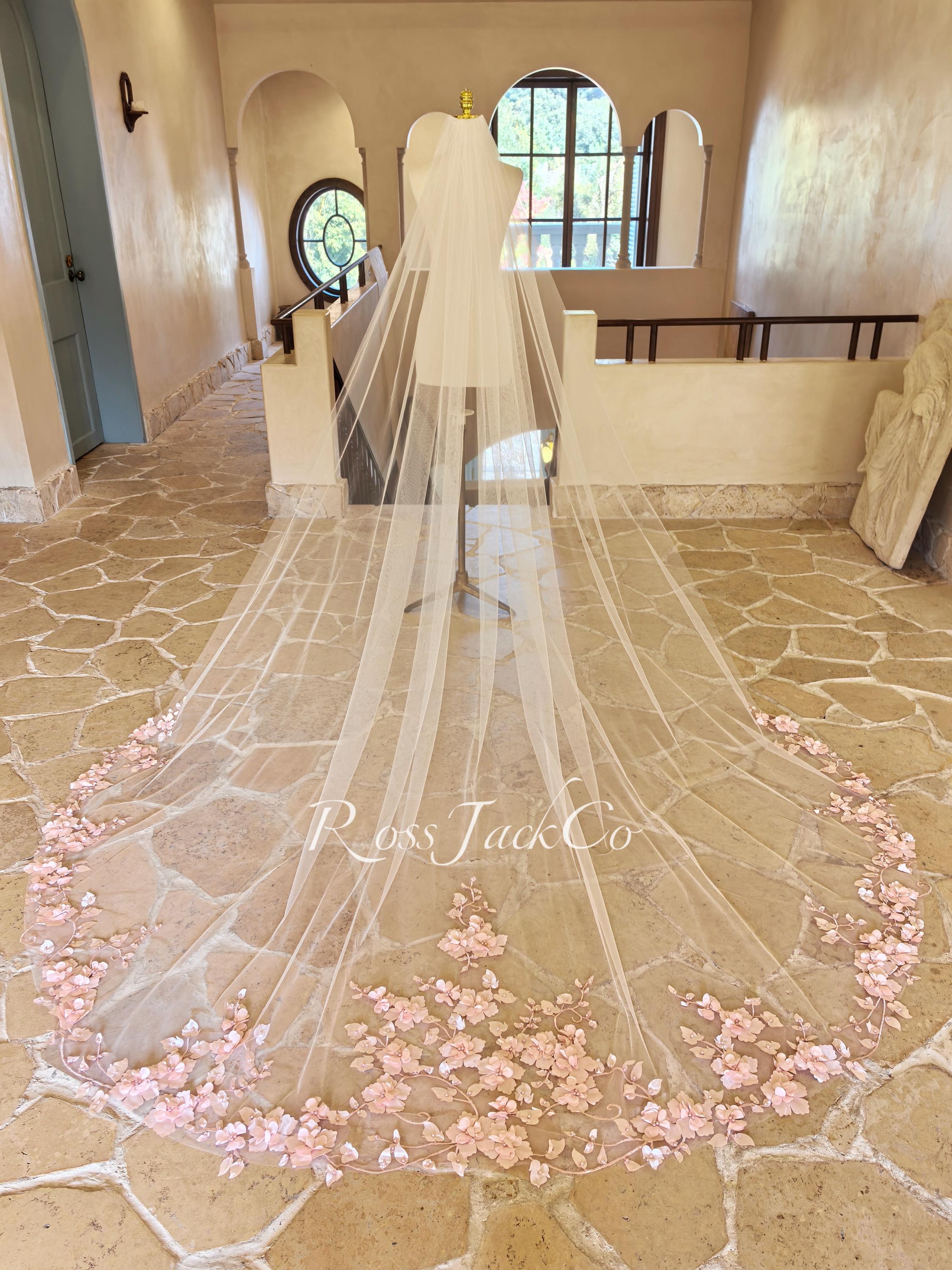 White and subtle pink lace veil trailing 3 meters Unique Pink Lace Veil Cathedral Length One Layer Mantilla  main image 3