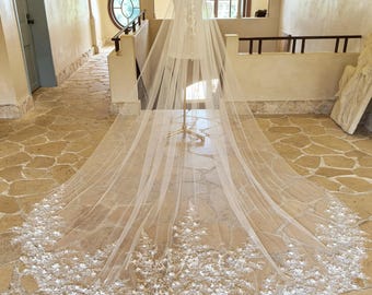 Luxury Beading Pearl Applique Bridal Veil, Soft Tulle Ivory Color Cathedral Length Hand-Made Custom Veil
