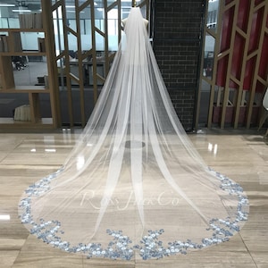 Elegant Bridal Veil with Gray Blue Lace Floral Blue Flower Wedding Veil Soft Tulle Ivory Bridal Veil Royal Length Veil Custom Hand-Made Veil