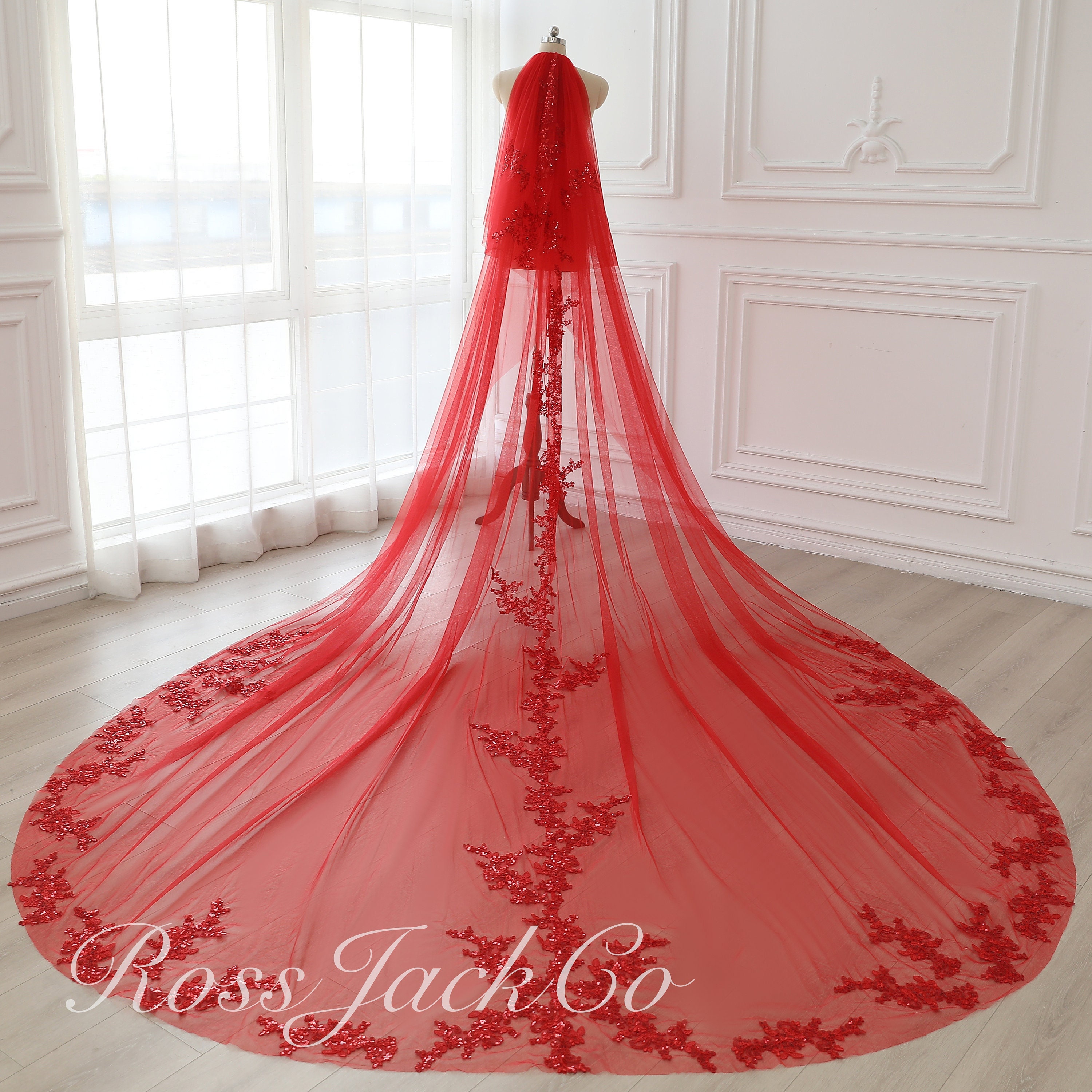 Red Bridal Veil Cathedral Length With Comb, Mystic Red Bridal Veil