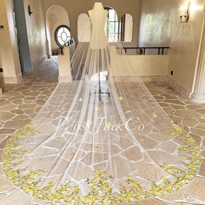 Bridal Veil with Fairy Yellow Lace Floral, Light Yellow Flower Wedding Veil, Soft Tulle Ivory Bridal Veil Royal Length Veil, Custom Veil
