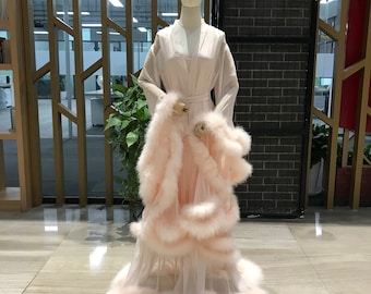 Feather Bridal Robe, Bridal Dressing Gown, Long Bridal Robe, Sheer Wedding Robe, Bridal Party Robes, Boudoir Robe, Bridal Photo Shoot Outfit