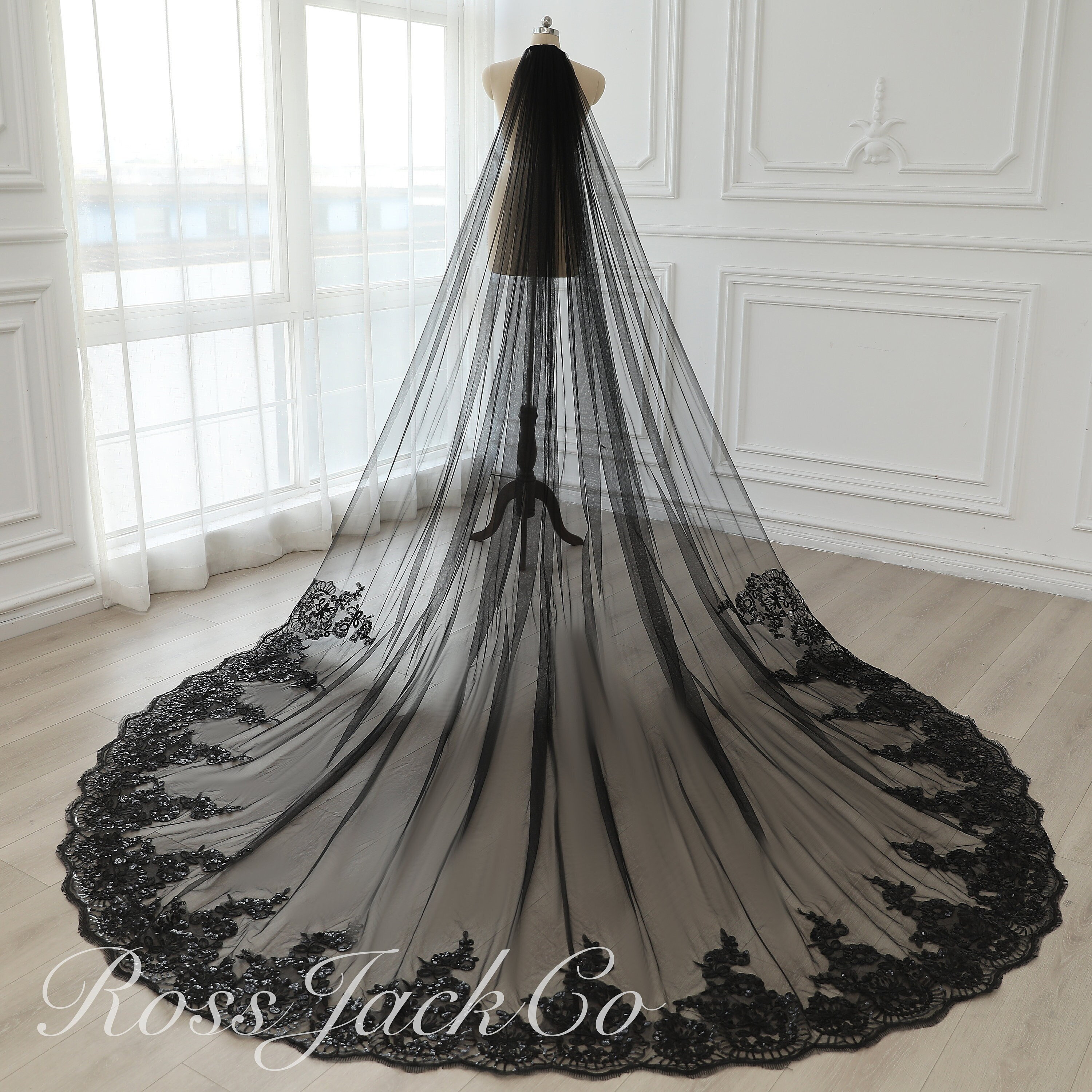 Vintage Black Lace Bridal Veil, Mystic Shinny Flower Bridal