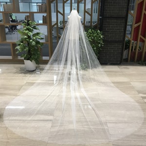 May include: A long, white tulle wedding veil with a delicate, sparkling design. The veil is draped over a mannequin and is shown against a light-colored background.