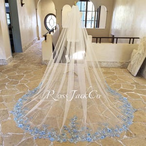 Veil Bridal Fairy Blue Sequins Floral, Blue Flower Wedding Veil, Soft Tulle Ivory Bridal Veil, Veil Cathedral, Custom Hand-Made Veil