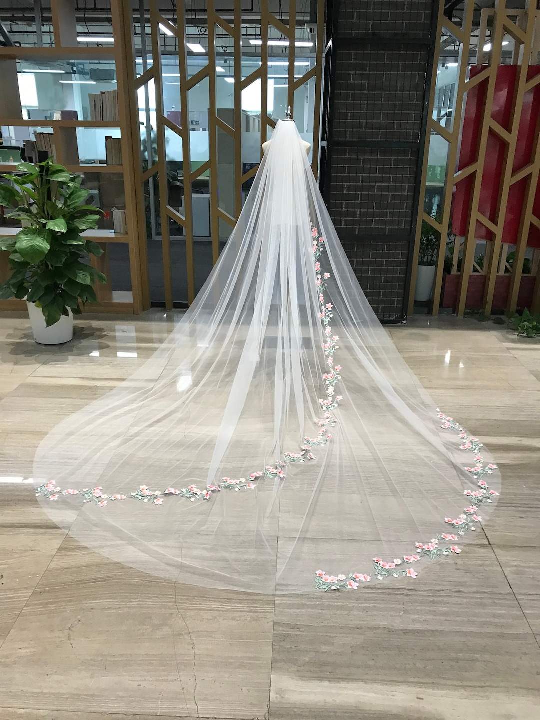 Pink Peach Blossom Bridal Veil Wedding Veil Soft Tulle Veil With Pink ...