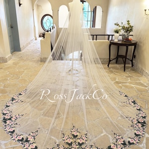 Green Leaves Pink Floral Veil, Fairy Pink Flower Wedding Veil, Soft Tulle Ivory Bridal Veil, Veil Royal, Custom Hand-Made Veil