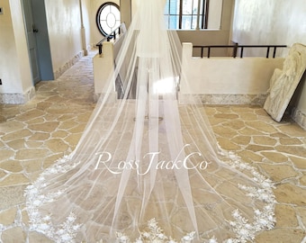 Veil Sequins Floral, Wedding Veil Fairy Ivory Flower, Elegant Floral Bridal Veil, 1 Tier Ivory Long Veil With Comb, Veil Cathedral