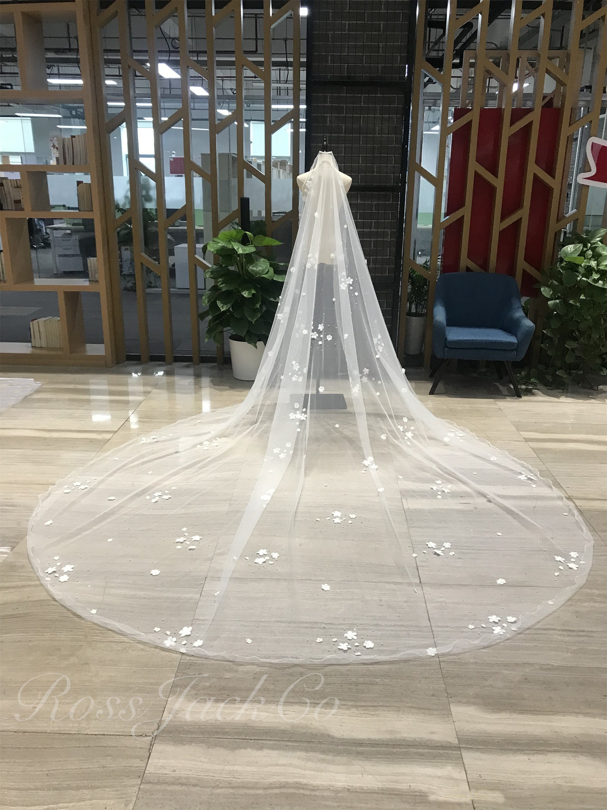 Wedding Veil Scattered Flower and Pearl Soft Tulle Ivory Bridal
