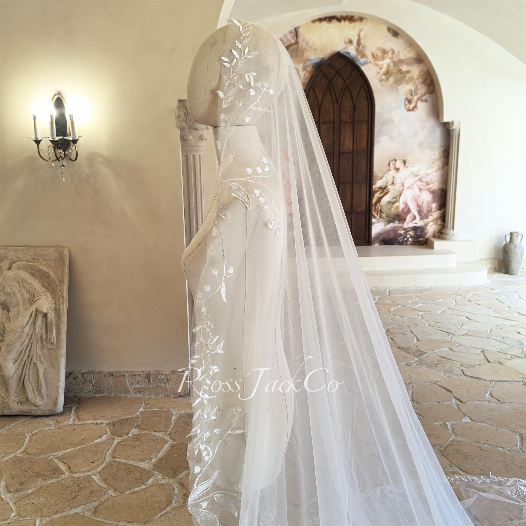 Mantilla Veil With Lily Of the Valley, Wedding Veil Embroidered Lily Of The Valley, Soft Tulle Bridal Veil, Veil Cathedral, Veil Mantilla