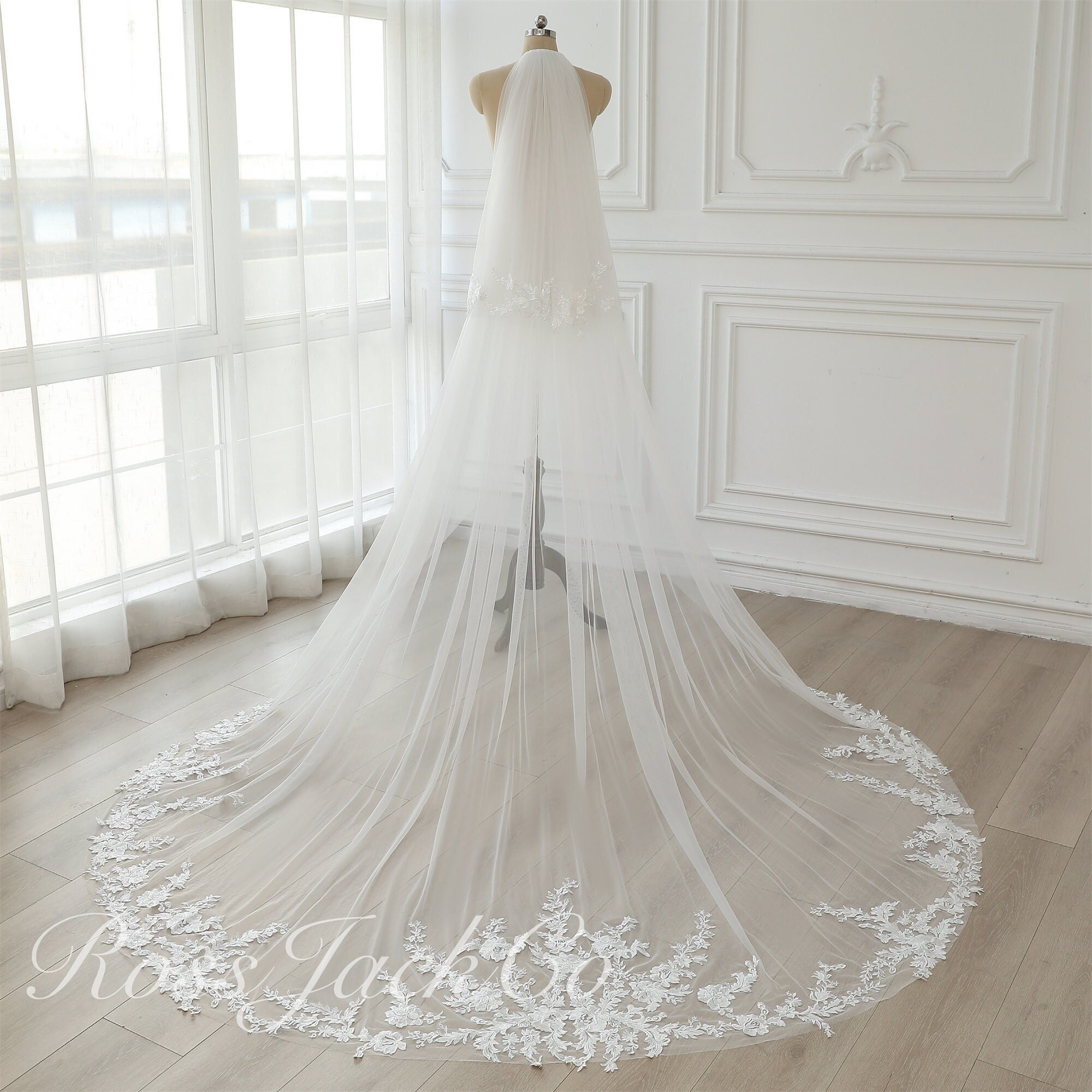 Elegant Embroidered Peony Flower Wedding Veil, Bridal Veil Lace Floral, 2 Tier 137&quot; Ivory Long Veil With Blusher, Veil Cathedral With Comb