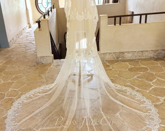 Three layer Chantilly Lace Trim Mantilla Veil, Eyelash Bridal Hair Piece with Comb, Fairy Mantilla Veil Chantilly Lace Cathedral
