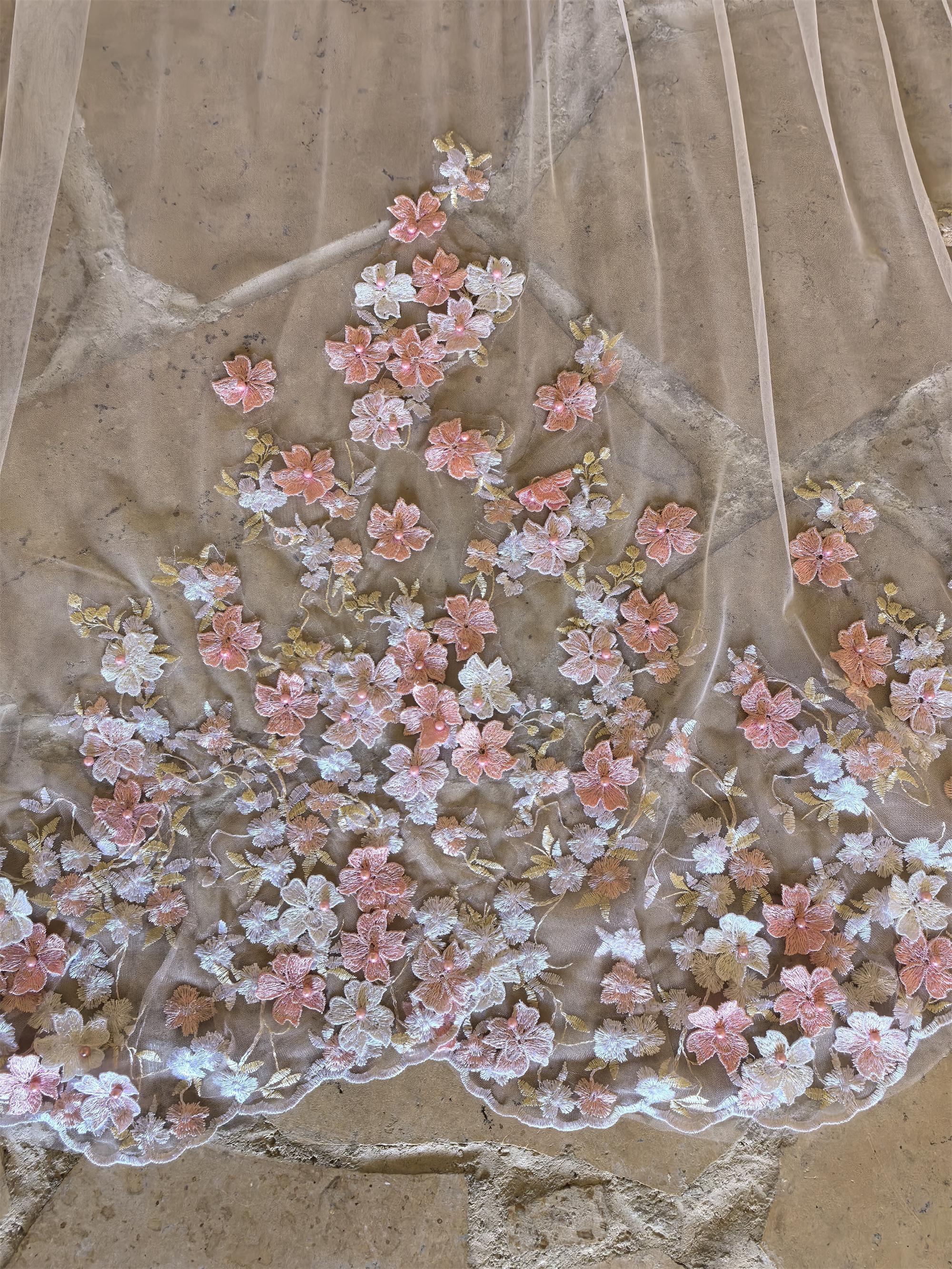 Scallop Cut Blush Pink Flower Trim Veil, Mermaid Tail Bridal Veil