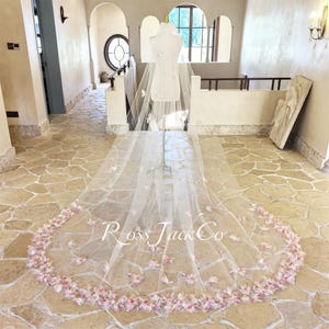 Dream Pink 3D Flower Wedding Veil, Super Fairy Pink Pearl Floral Bridal Veil, Pink 3d Floral Veil, Custom Hand Made Veil Cathedral