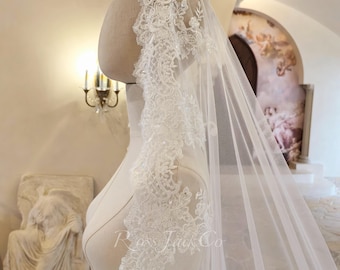 Beaded Chantilly lace Mantilla Veil, Luxury Mantilla Wedding Veil With Beaded Appliques, Veil Mantilla Beaded Rose Flower