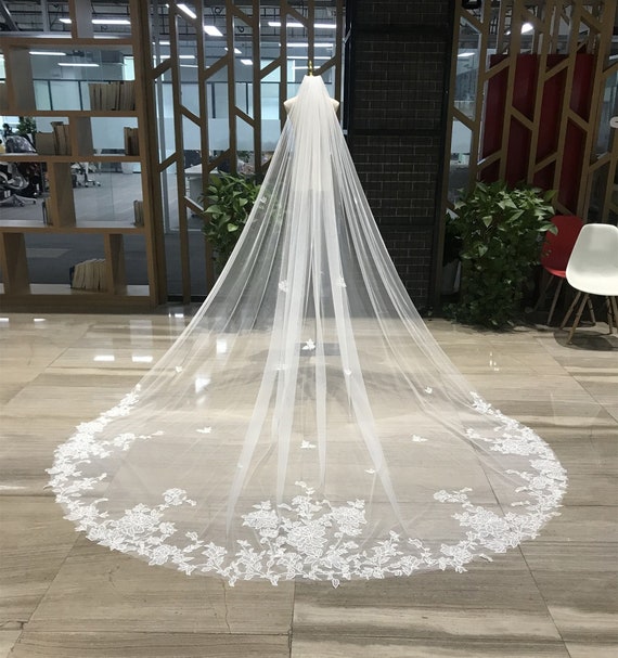 Elegant Large Organza Flower Veil 1 Tier Long Veil Bridal Organza Flower Very Soft Tulle Wedding Veil Veil Wedding Fingertip Cathedral Etsy